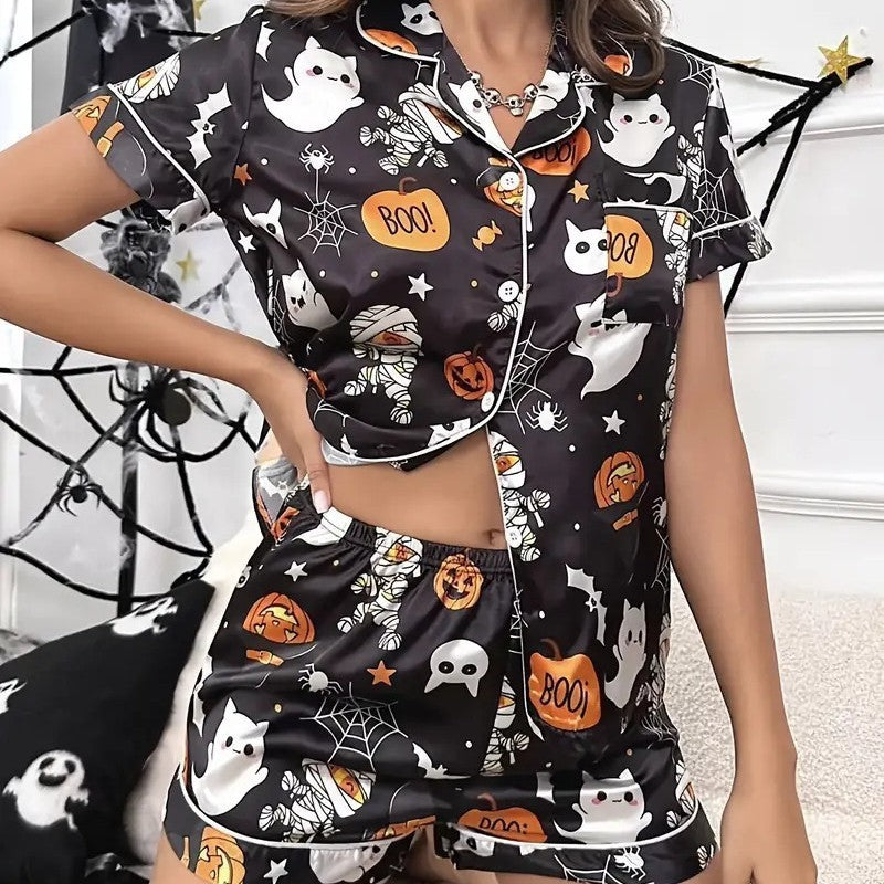 Women’s Halloween Pyjama Set – Short Sleeve Pumpkin Print Loungewear - NOIRPYJAMA