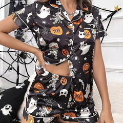 Women’s Halloween Pyjama Set – Short Sleeve Pumpkin Print Loungewear - NOIRPYJAMA