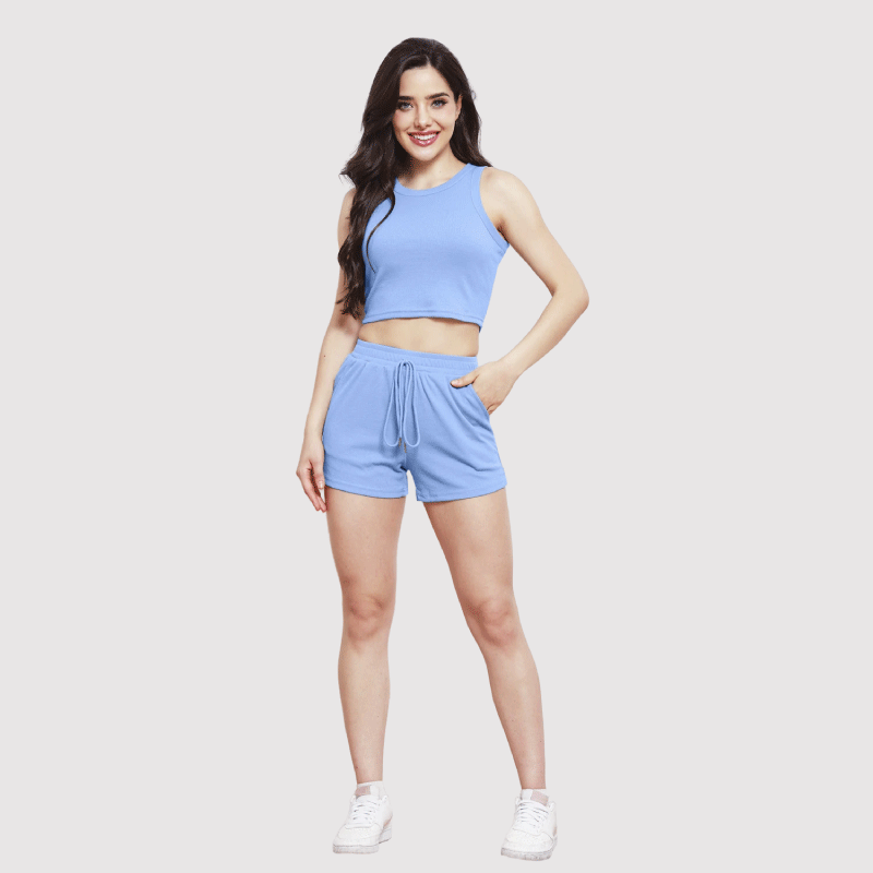 Casual Tank Lounge Set – Round Neck Top & Drawstring Shorts