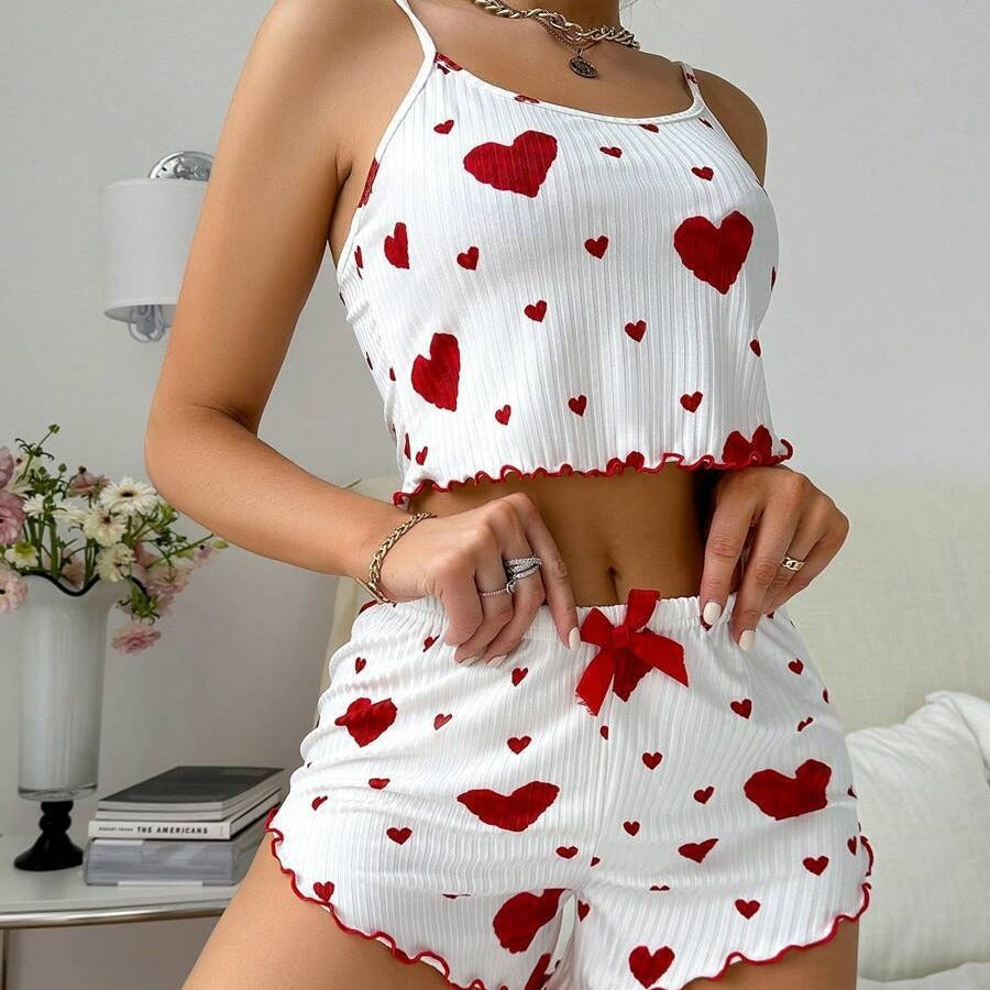 Heart Print Pyjama Set – Striped Suspender Shorts - NOIRPYJAMA