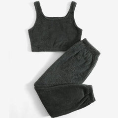 Plush Fuzzy Two-Piece Pyjama Set – Soft Crop Top & Pants Sleepwear