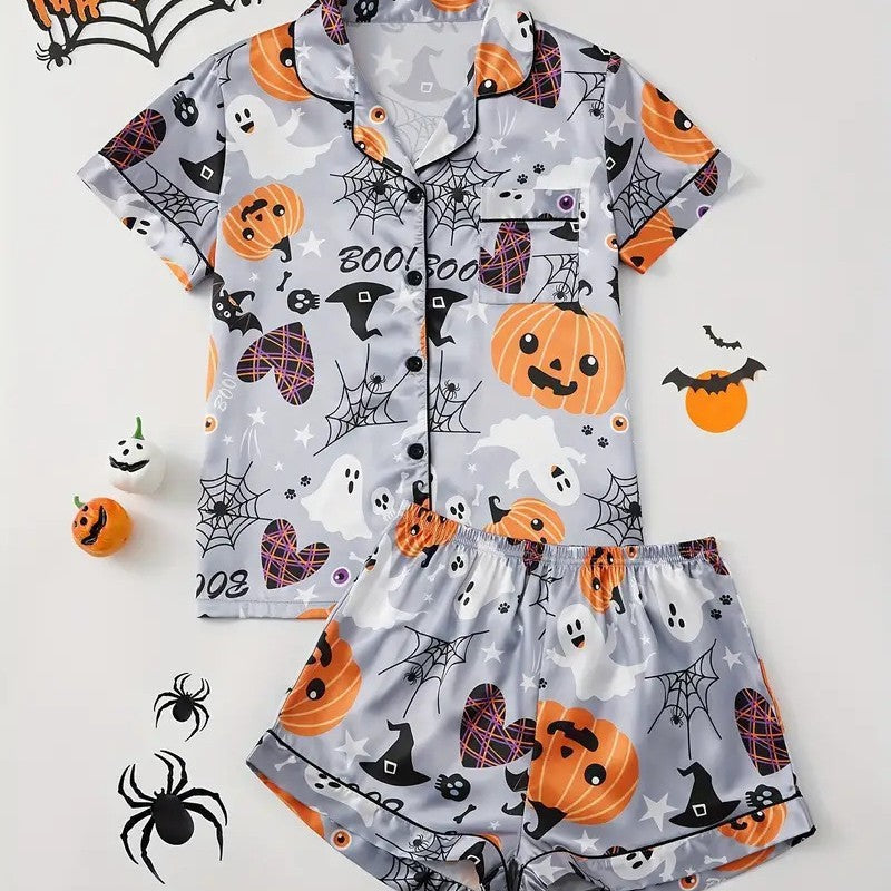 Women’s Halloween Pyjama Set – Short Sleeve Pumpkin Print Loungewear - NOIRPYJAMA