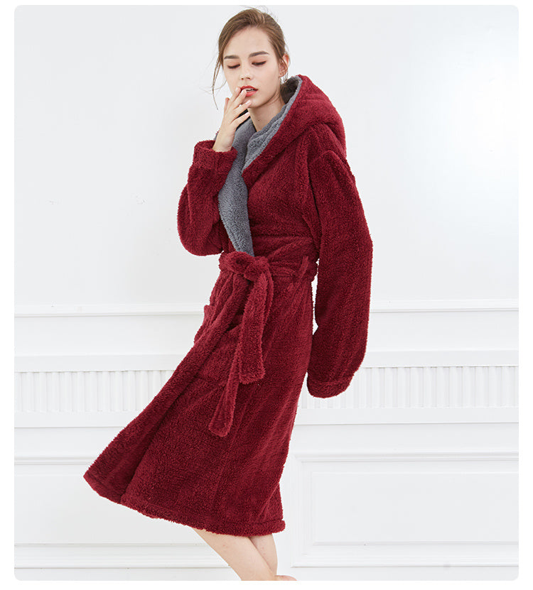 Couple Thick Hooded Coral Fleece Nightgown Warm Pyjama