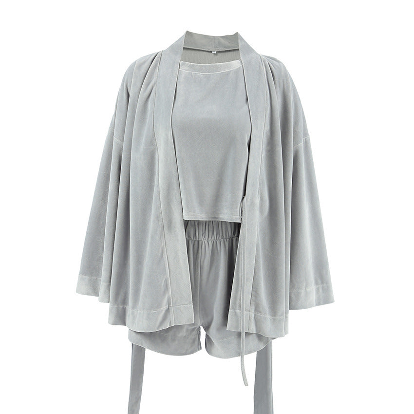 Casual Short-Sleeve Gown Pyjama 3-Piece Set
