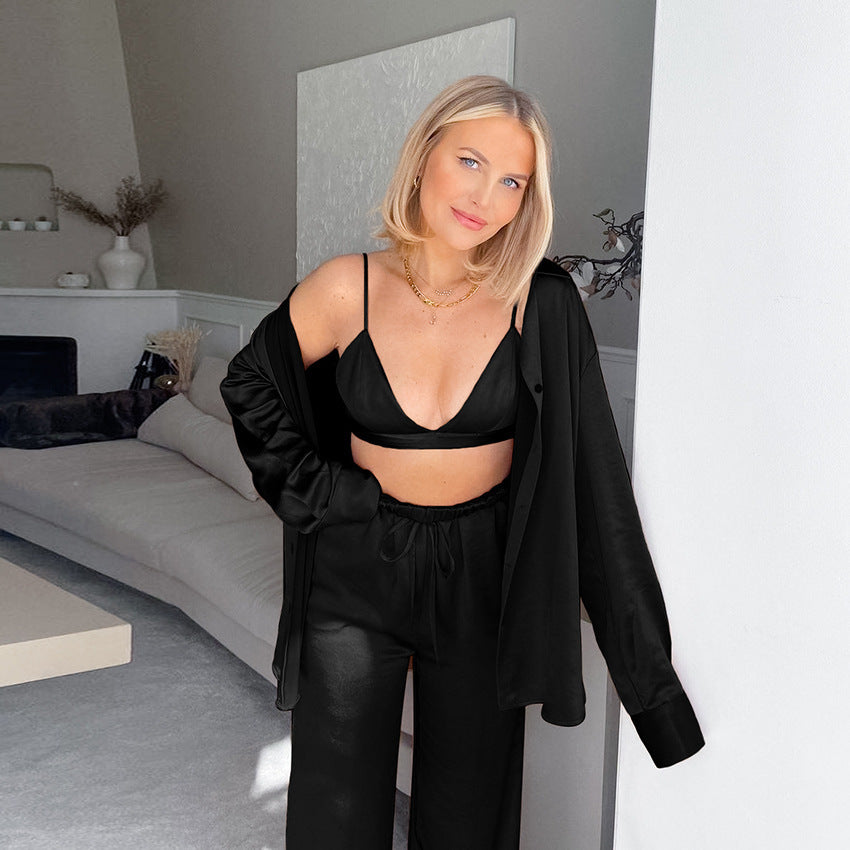 Elegant 3-Piece Lounge Set with Lapel Shirt - NOIRPYJAMA