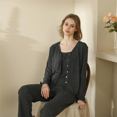 Homewear With Braces Cardigan French Style Three-piece Pajamas For Women - NoirPyjamas