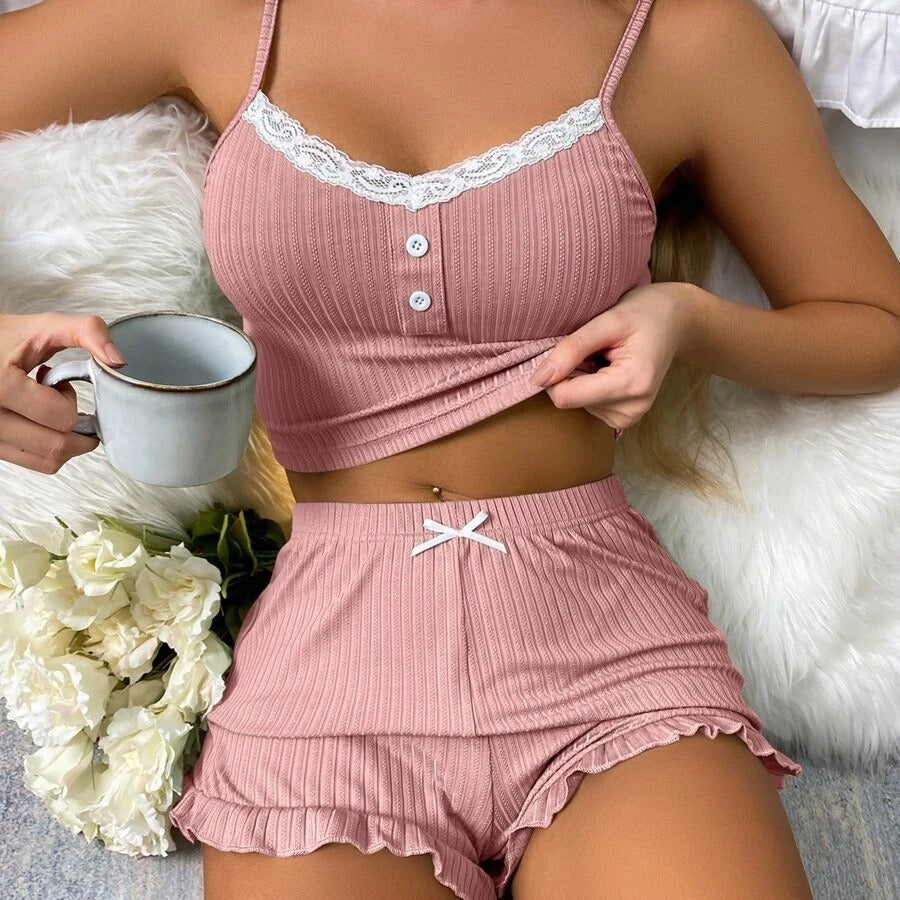 Sexy Lace Lace Spaghetti-strap Pyjamas Suit - NoirPyjamas