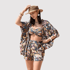 Printed Bra, Cover-Up and Shorts Lounge Set