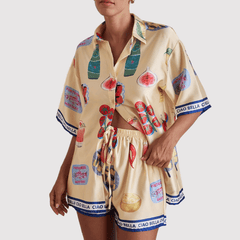 Printed Button-Up Lounge Set – Polyester Two-Piece Homewear