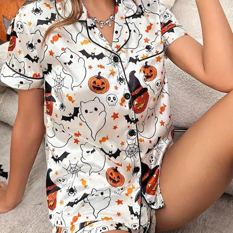 Women’s Halloween Pyjama Set – Short Sleeve Pumpkin Print Loungewear - NOIRPYJAMA