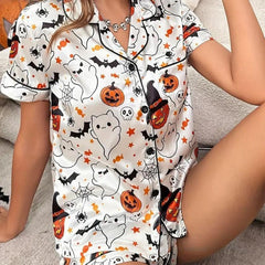 Women’s Halloween Pyjama Set – Short Sleeve Pumpkin Print Loungewear - NOIRPYJAMA